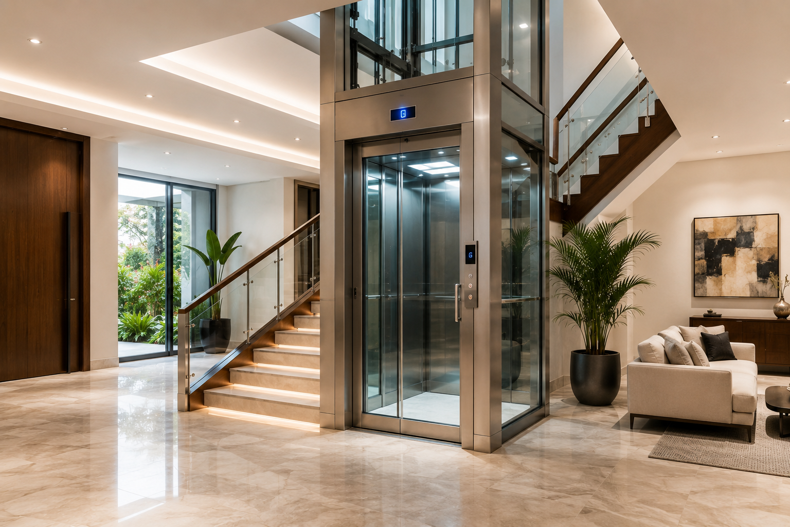 Glass home elevator in a modern villa foyer