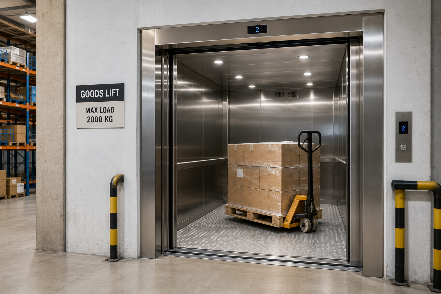 Stainless steel goods lift loaded with a pallet