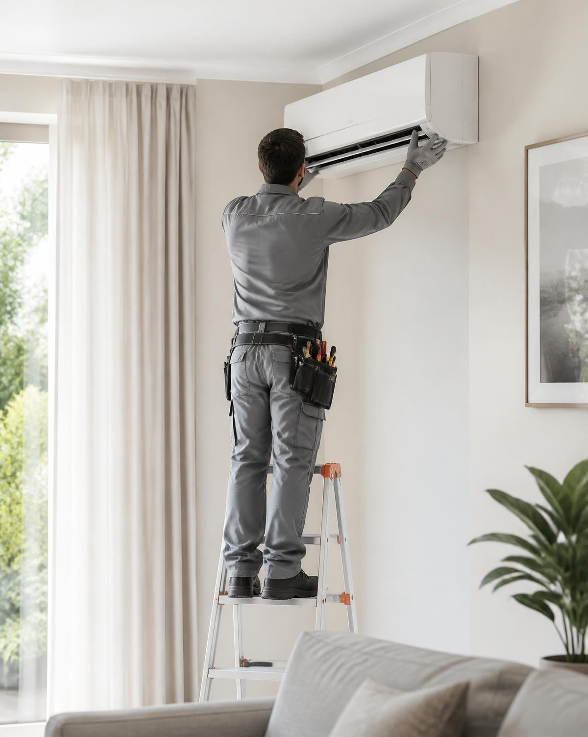 Uniformed technician installing a wall-mounted air conditioner