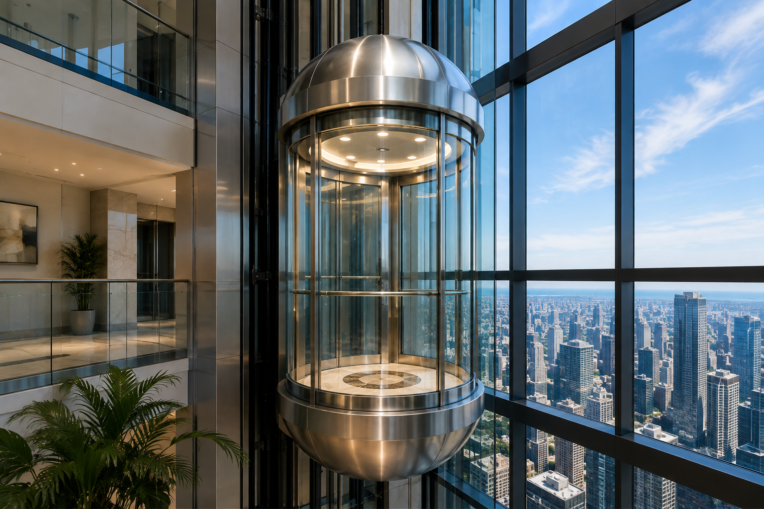 Panoramic glass elevator overlooking a city skyline